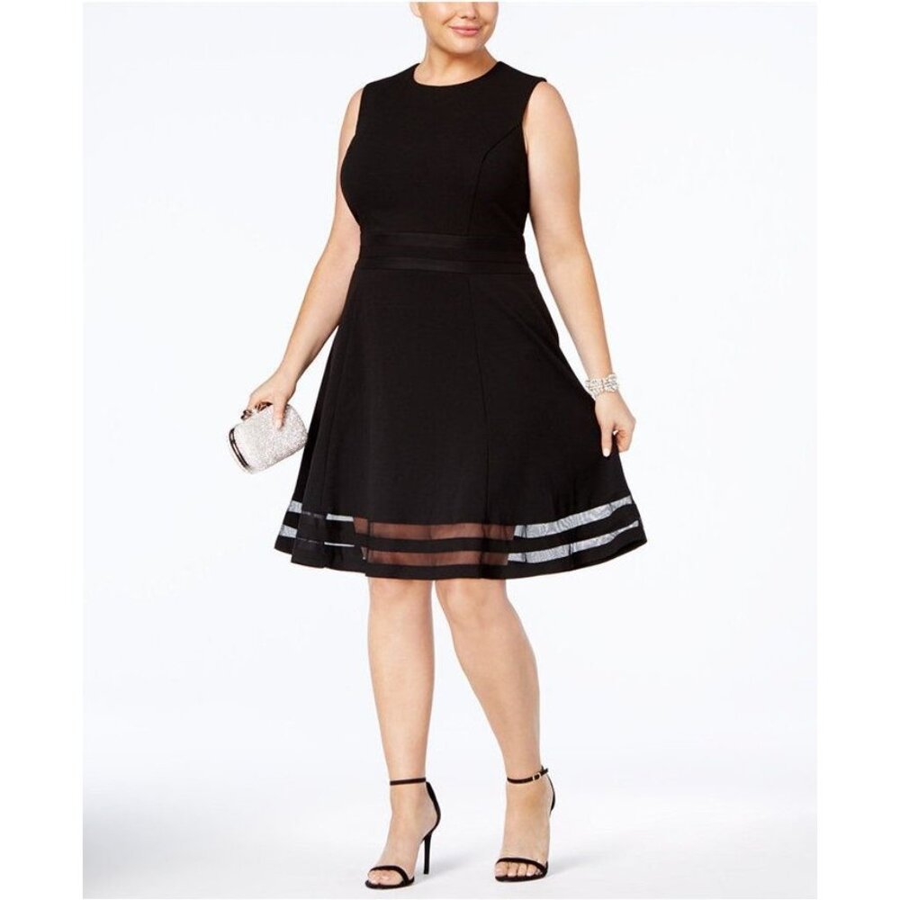 Calvin Klein Black Plus Size Illusion Trim Fit & Flare Dress